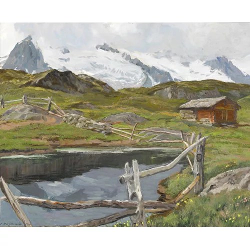 Henri-Édouard Huguenin — Walliser Gebirgspartie mit Teich auf einer Alp.