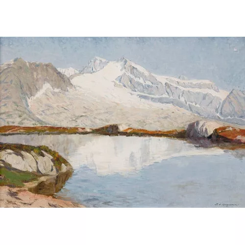 Henri-Édouard Huguenin — Alpenlandschaft mit Gletscher und See.