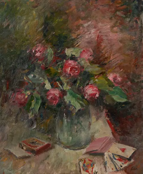 Henri Fehr — Nature morte au vase de roses et jeu de cartes