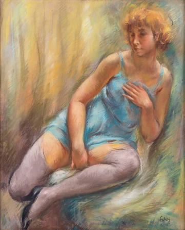 Femme assise à la robe bleu
