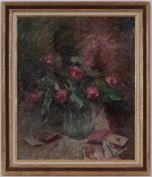 Henri Fehr — Nature morte au vase de roses et jeu de cartes