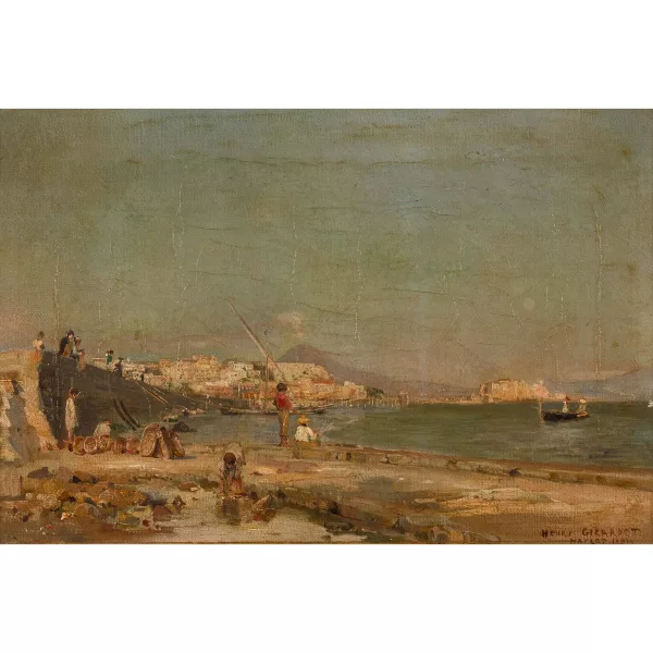 Henri Girardet — Neapolitanische Strandszene mit rauchendem Vesuv.