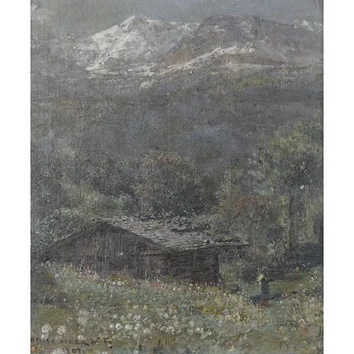 Henri Girardet — Sommerliche Alpenlandschaft mit Chalet.