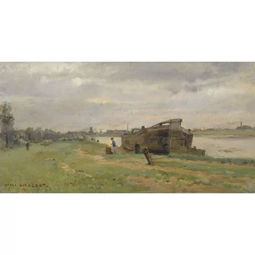 Henri Girardet — Flussufer mit Boot.