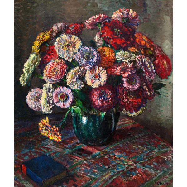 Henri Robert — Stillleben mit Buch und Zinnien in Krug.