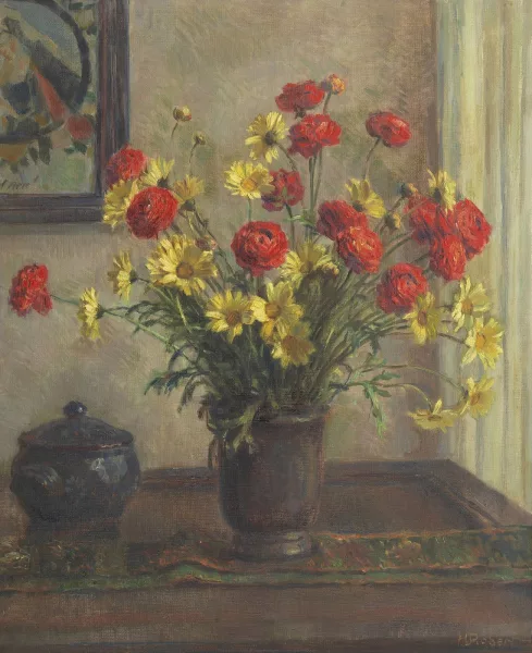 Henri Robert — Bouquet de fleurs marguerites jaunes et lisanthus rouges