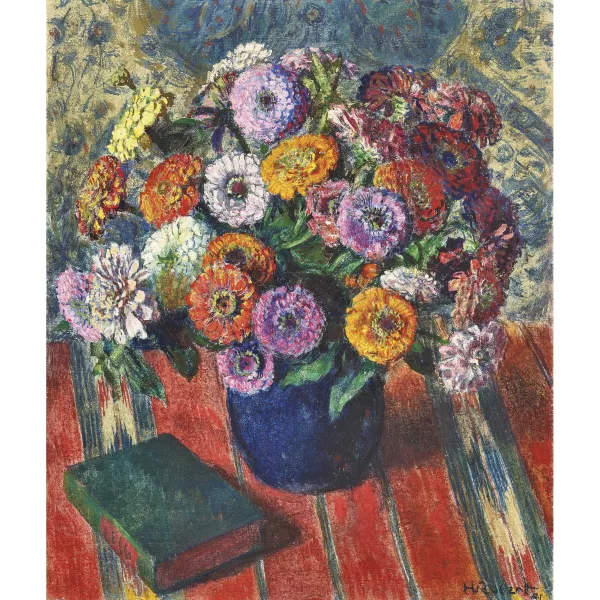 Henri Robert — Stillleben mit bunten Zinnien und Buch.