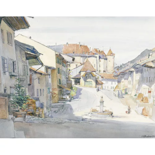 Henri Robert — Ansicht der Route du Bourg mit Schloss in Greyerz.