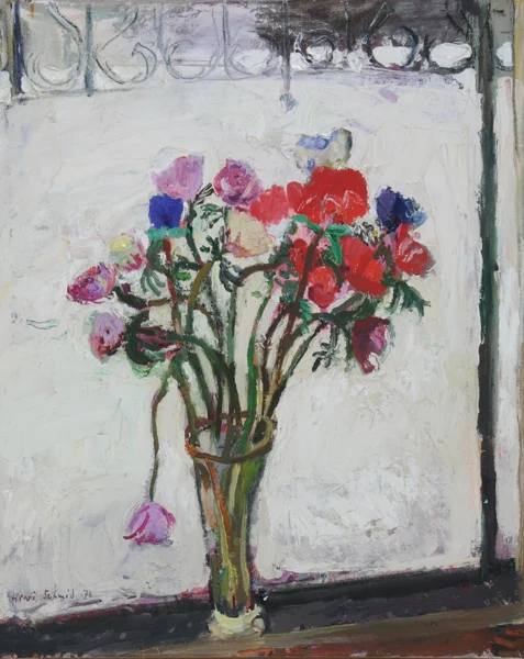 Henri Schmid — Anemonen vor Winterfenster, 1976