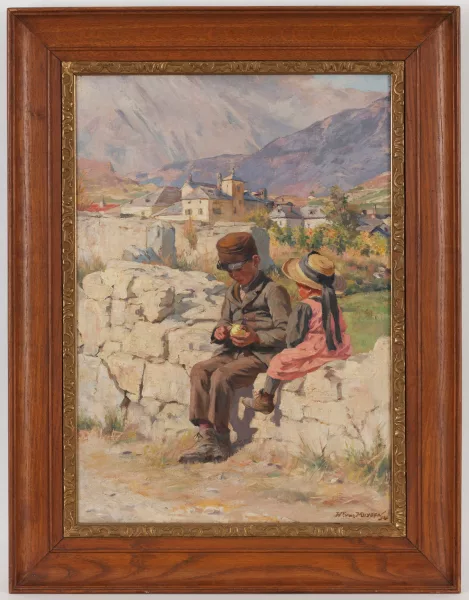 Henri van Muyden — Jeune garçon partageant sa pomme avec une filette dans un paysage,