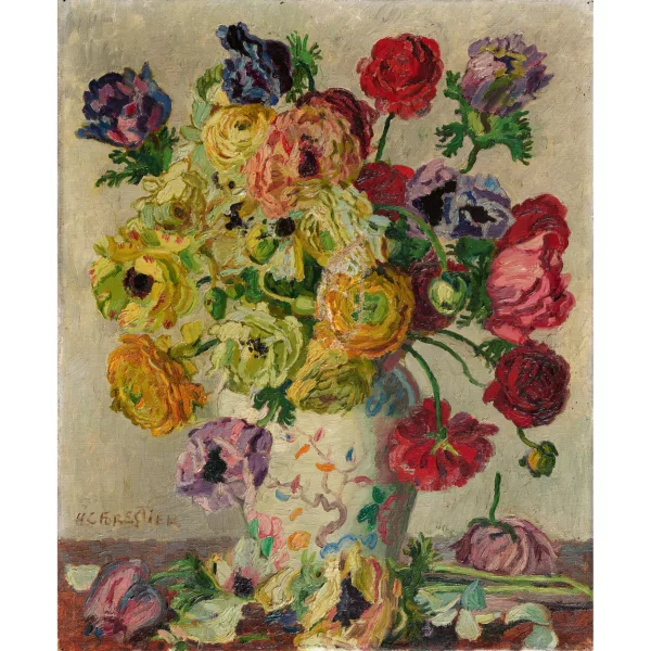 Henry-Claudius Forestier — Stillleben mit Ranunkeln und Mohn in Keramikvase.