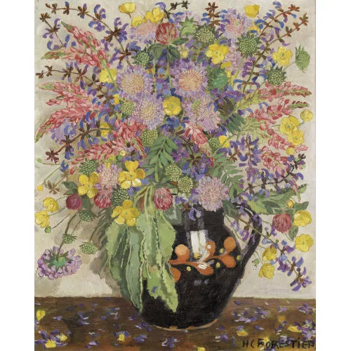 Henry-Claudius Forestier — Stillleben mit Wiesenblumen in bauchigem Krug.
