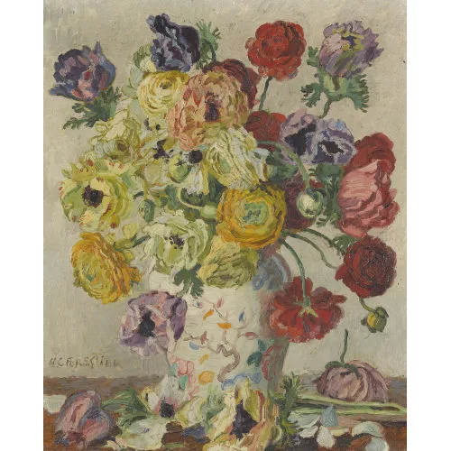Henry-Claudius Forestier — Stillleben mit Rosen in Porzellanvase.