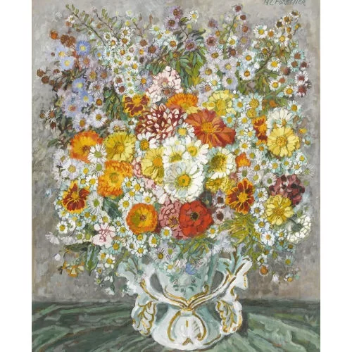 Henry-Claudius Forestier — Üppiges Blumenbouquet in Porzellanvase.