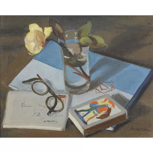 Henry Meylan — Stillleben mit Büchern, Brille und Rose.