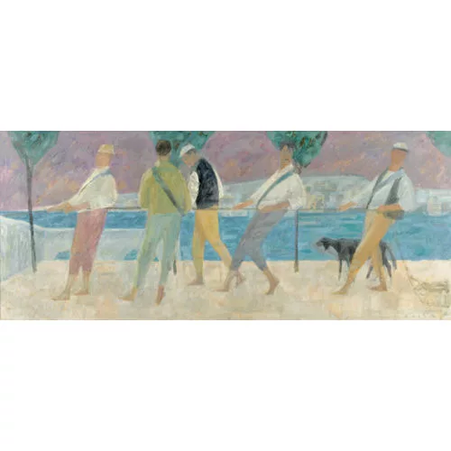 Hermann Alfred Sigg — Seeuferpartie mit Männern beim Seilziehen.