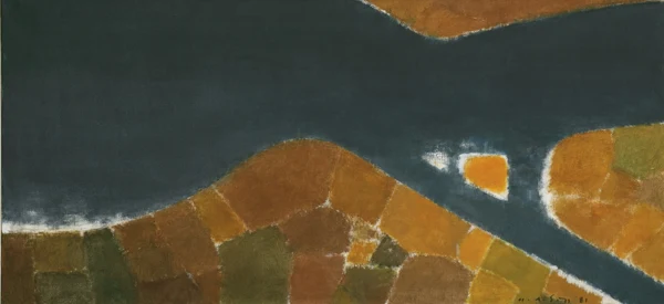 Hermann Alfred Sigg — Dunkler Fluss mit roten Feldern, 1981