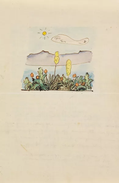 Hermann Hesse — Brief mit Gedicht und Aquarell (Eckabschnitt). 1933