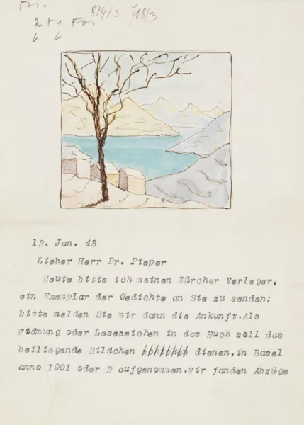 Hermann Hesse — Masch. Brief mit Aquarell an Hr. Dr. Pieper und beiliegendem Foto