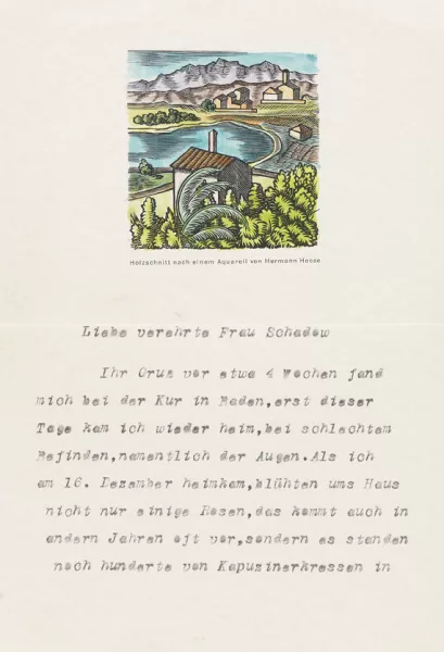 Hermann Hesse — 22 Postkarten u. 32 Briefe (tls. mit Gedichten). Dabei: Briefdurchschläge an Hesse, Kuverts von Hesse, Schriftstücke von Schadow, Koffer