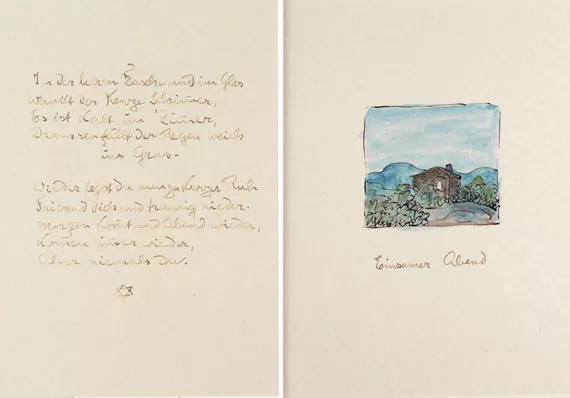 Hermann Hesse — Gedichtmanuskript "Einsamer Abend" mit Aquarell