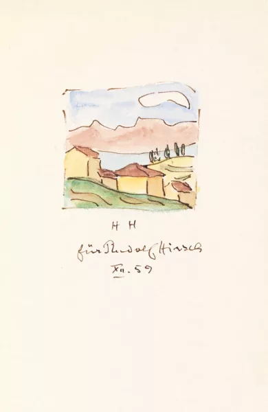 Hermann Hesse — Bericht an die Freunde (51). Mit Orig.-Aquarell. - Dabei: 4 Autographen (47, 48, 49, 52) + Wanderung (50). 1960