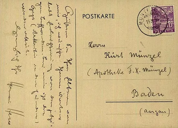 Hermann Hesse — Eigh. Postkarte an K. Münzel. 1931.