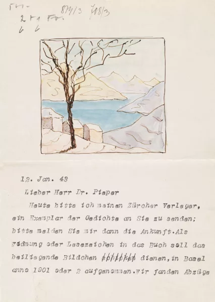 Hermann Hesse — Masch. Brief mit Aquarell. 1943.
