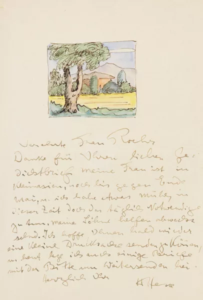 Hermann Hesse — Eigh. Brief mit Orig.-Aquarell