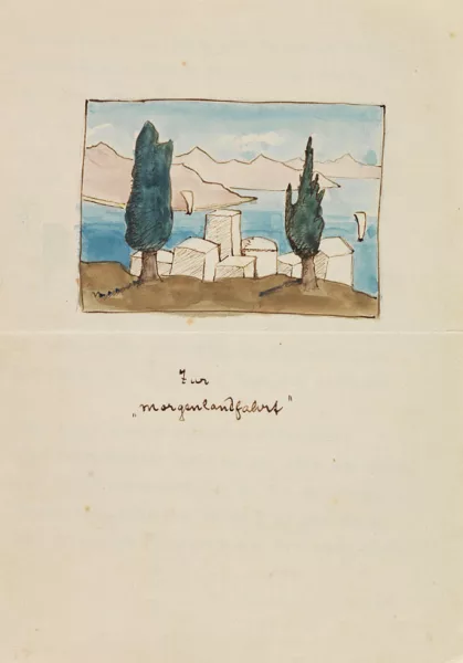 Hermann Hesse — Eigh. Gedicht "Zur Morgenlandfahrt" mit Aquarell. Um 1935.