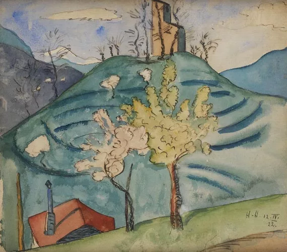 Hermann Hesse — 1 Orig. Aquarell. (1922).