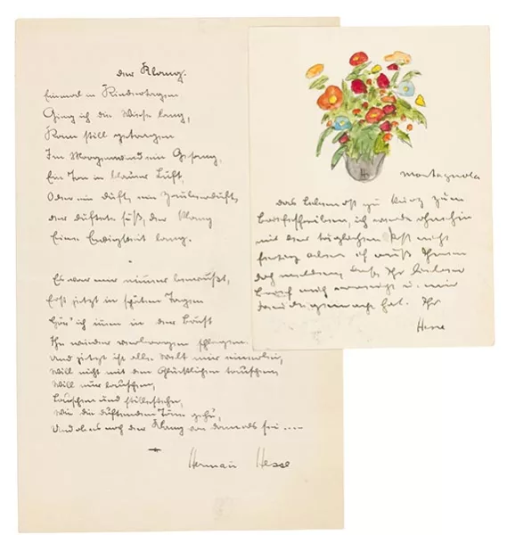 Hermann Hesse — Eigh. Karte mit kl. Aquarell und eigh. Gedicht "Der Klang"