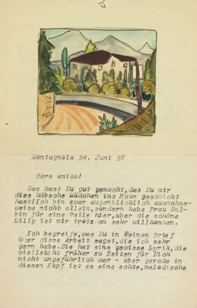 Hermann Hesse — Masch. Brief an Caro amico (Hubacher), Juni 1927, mit Orig.-Aquarell