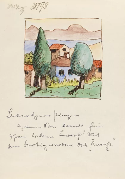 Hermann Hesse — Eigh. Brief mit Aquarell. Um 1943.
