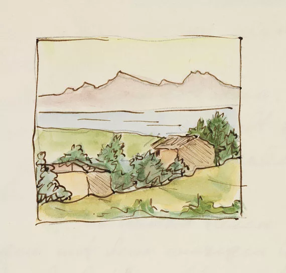 Hermann Hesse — Aquarell auf Brief von Ninon Hesse (gelocht). 1958