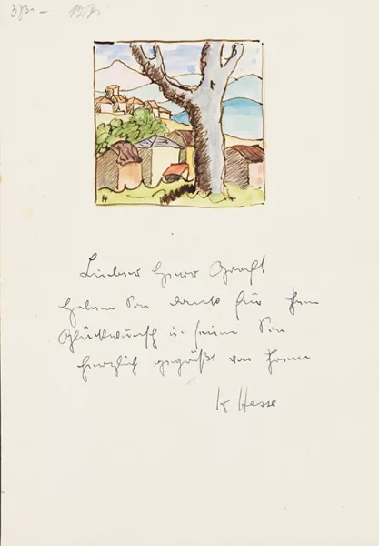 Hermann Hesse — Aquarell mit Widmung
