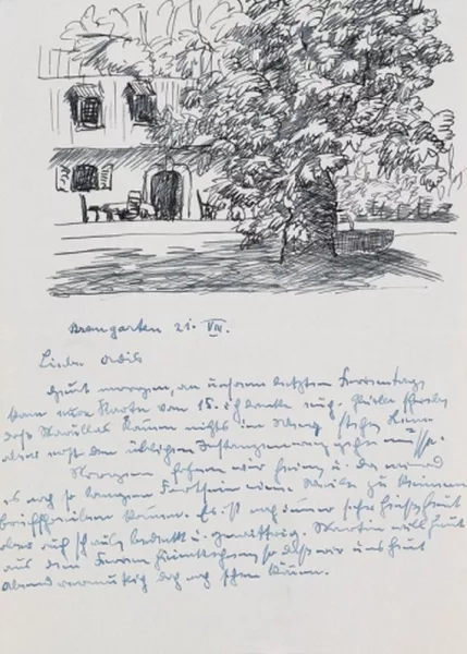 Hermann Hesse — 1 eigh. Brief mit Federzeichnung. 1920.