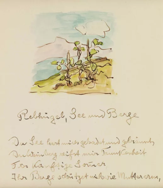 Hermann Hesse — Rebhügel, See und Berge. Eigenhändiges Gedicht mit Orig.-Aquarell