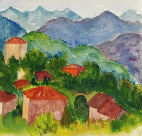 Hermann Hesse — Orig.-Aquarell "Montagnola mit Bergen"