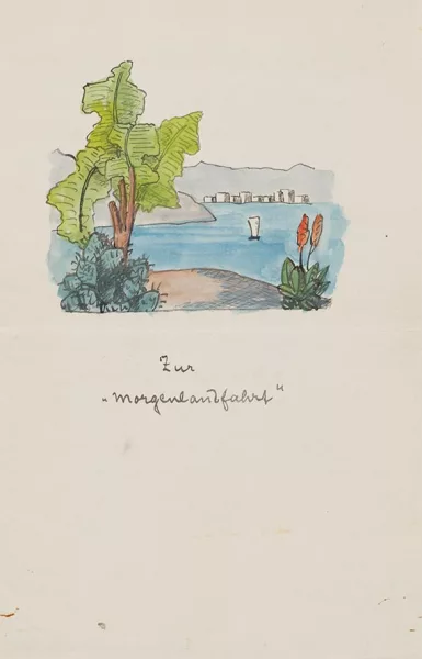 Hermann Hesse — kl. Aquarell "Zur Morgenlandfahrt"