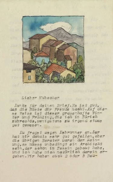 Hermann Hesse — Masch. Brief an Hubacher mit Orig.-Aquarell