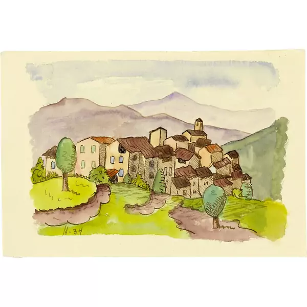 Hermann Hesse — Album mit eingefügter umfangreicher Korrespondenz. Briefe und Drucksachen von Hermann Hesse an Arthur und Martha Stoll 1 Aquarell; 3 Briefe, 2 handgeschrieben und 1 Typoskript, mit Aquarell; 3 handgeschriebene Briefe und 4 handgeschriebene Postkarten; 10 Briefe in Typoskript; 3 gedruckte Büchlein mit Aquarell; 6 Büchlein mit handschriftlichem Gruss oder Dedikation und 4 weitere Dokumente — Galerie Kornfeld