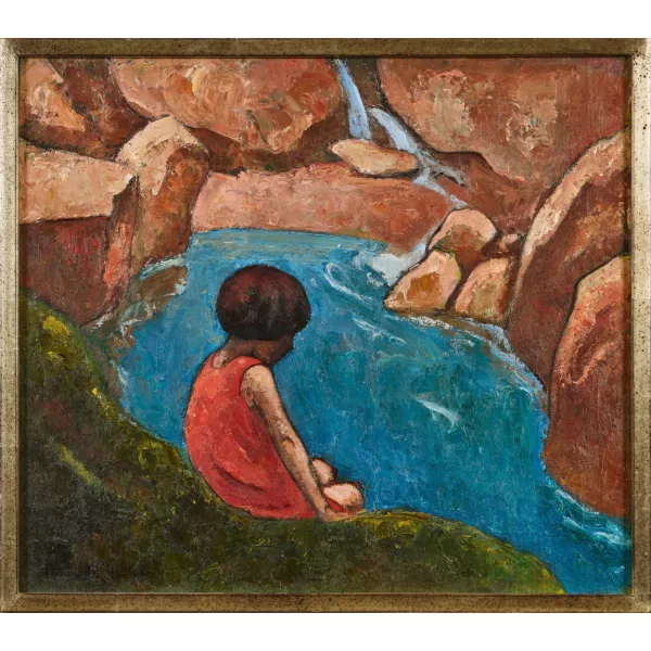 Hermann Hodler — Mädchen in rotem Kleid am Bergbach.
