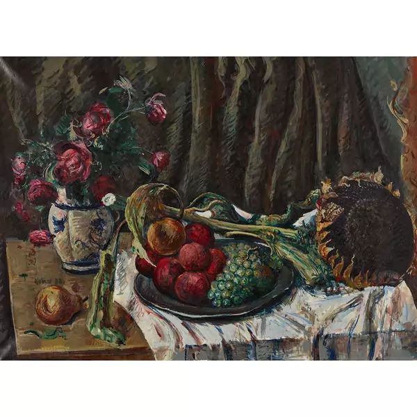 Stillleben mit Rosen, Sonnenblume und Früchten