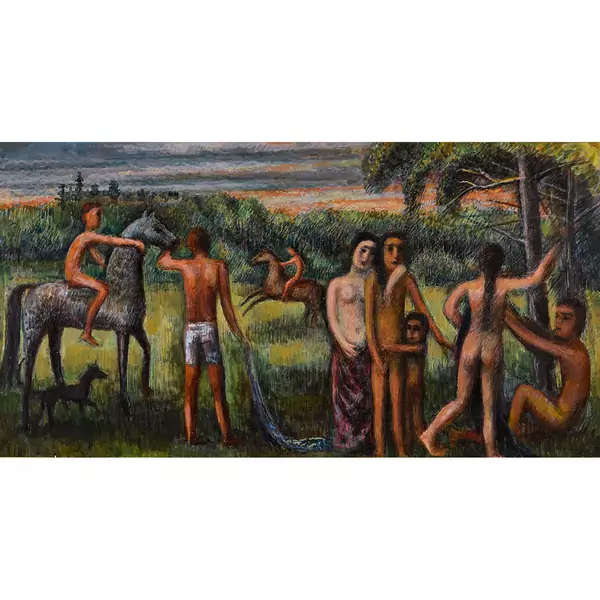 Familie mit Pferden am Waldrand