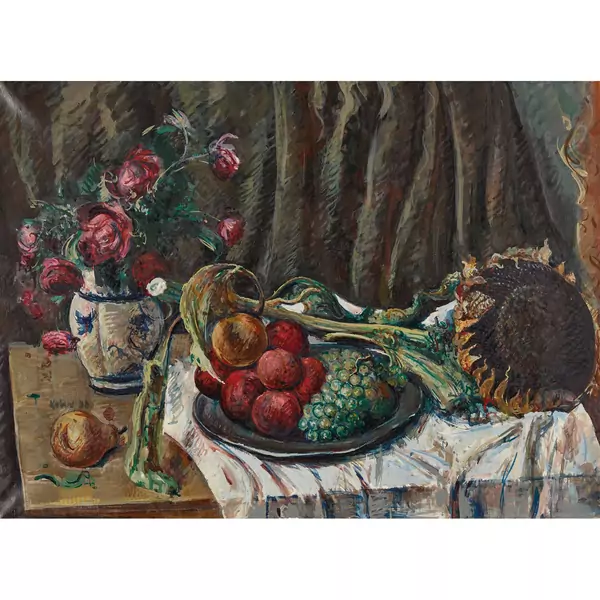 Stillleben mit Rosen, Sonnenblume und Früchten