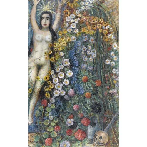 Hermann Huber — Komposition mit Blumen und Frauenakt.