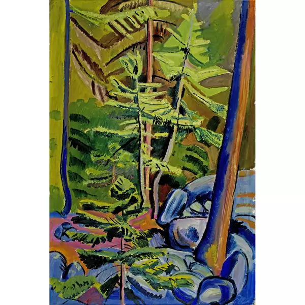 Hermann Huber — Waldinneres mit Tannen und blauen Felsen — Galerie Kornfeld