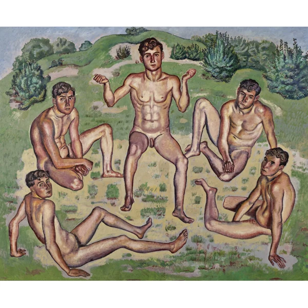 Hermann Huber — FÜNF JÜNGLINGE IM KREISE SITZENDFIVE YOUTHS SITTING IN A CIRCLE