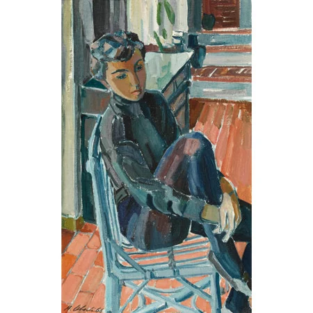 Interieur mit sitzender Frau